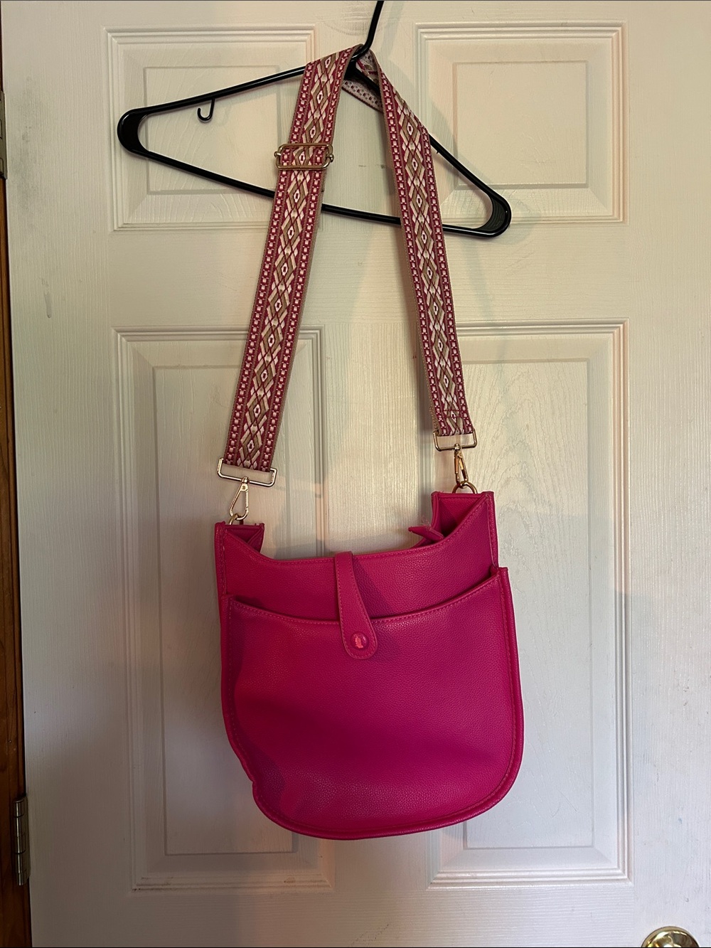 Hot Pink Crossbody Bag with Patterned Adjustable Strap